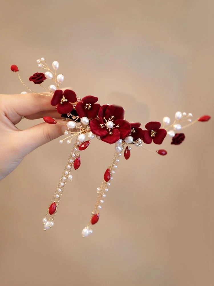 古风汉服发夹后脑勺古典盘发禾秀服新娘头饰大气红色配旗袍女超仙