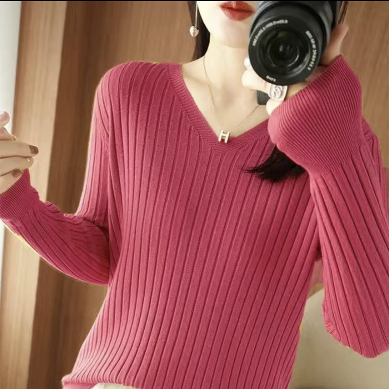 秋冬V领针织打底衫女毛衣百搭显瘦224