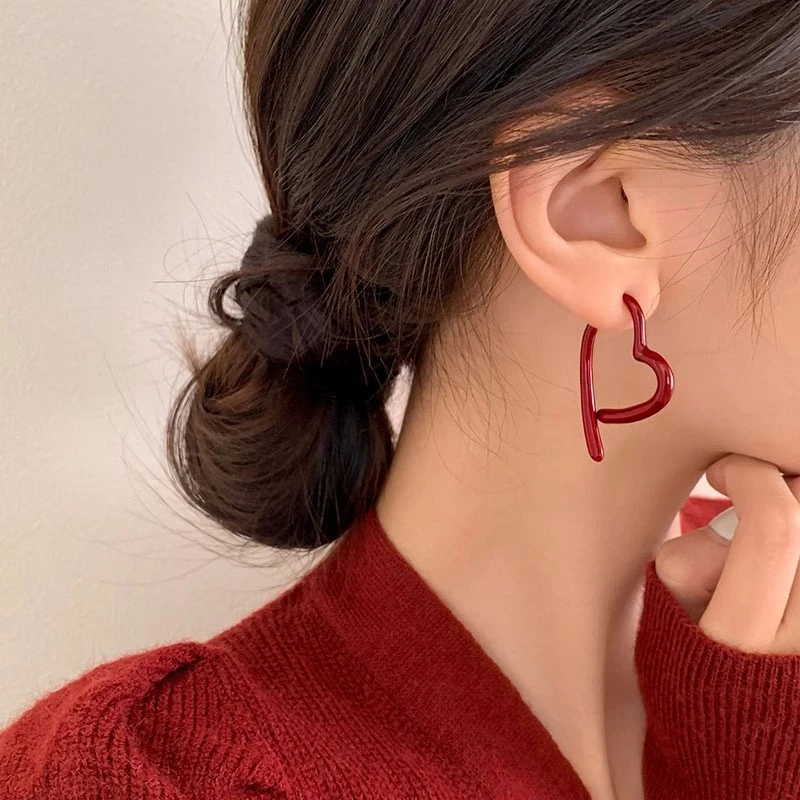 925银珐琅耳饰 爱心耳环2025年耳钉新年过年女款红色复古百搭秋冬