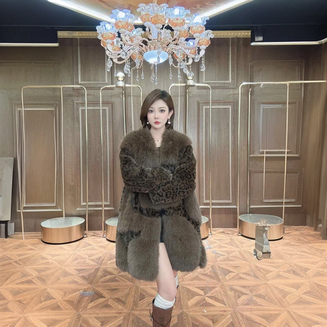 冬季时尚拼接豹纹毛毛外女士套气质网红短款编织宽松走秀设计师