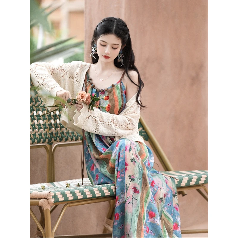 油画百搭轻奢优雅精致元气感春夏款吊带裙女民族风度假套装裙A338