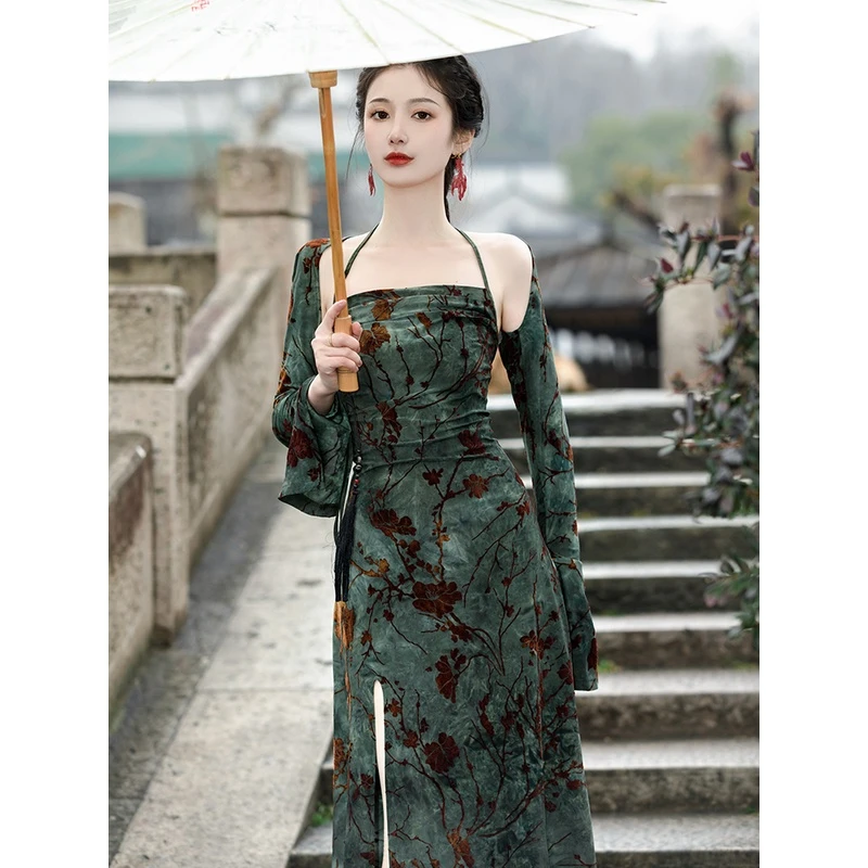 新中式复古国风绝美露背吊带连衣裙女套装高级感性感辣妹长裙8631