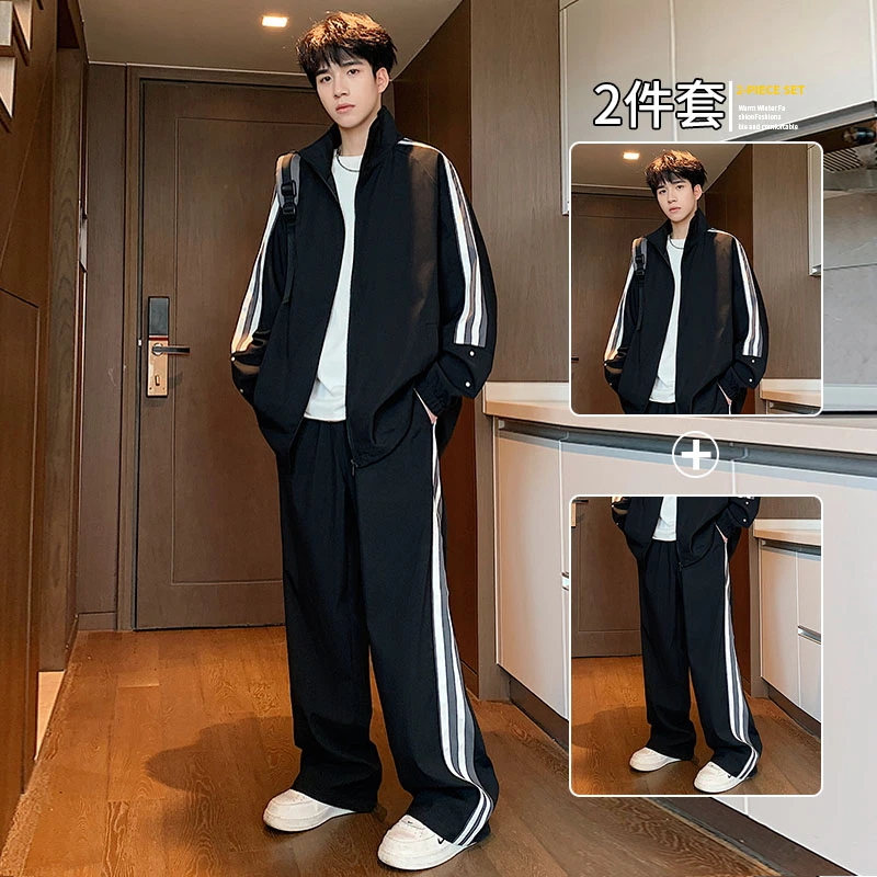 玛斯柏休闲运动套装男士秋冬季新款潮牌开衫外套条纹帅气一套男装