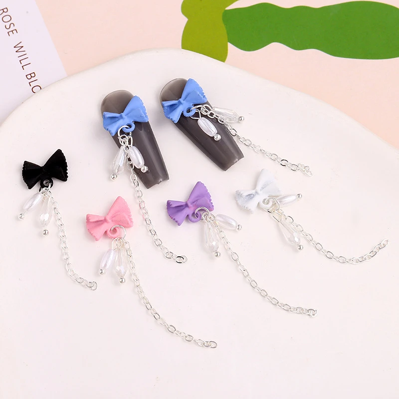 喷漆蝴蝶结流苏美甲饰品 合金链条指甲装饰品 diy穿戴甲配饰女款