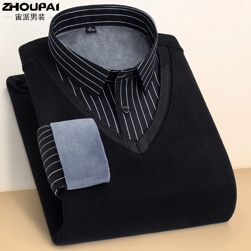 假两件针织衬衫领针织衫加绒爸爸男装条纹中年男士宽松毛衣打底衫