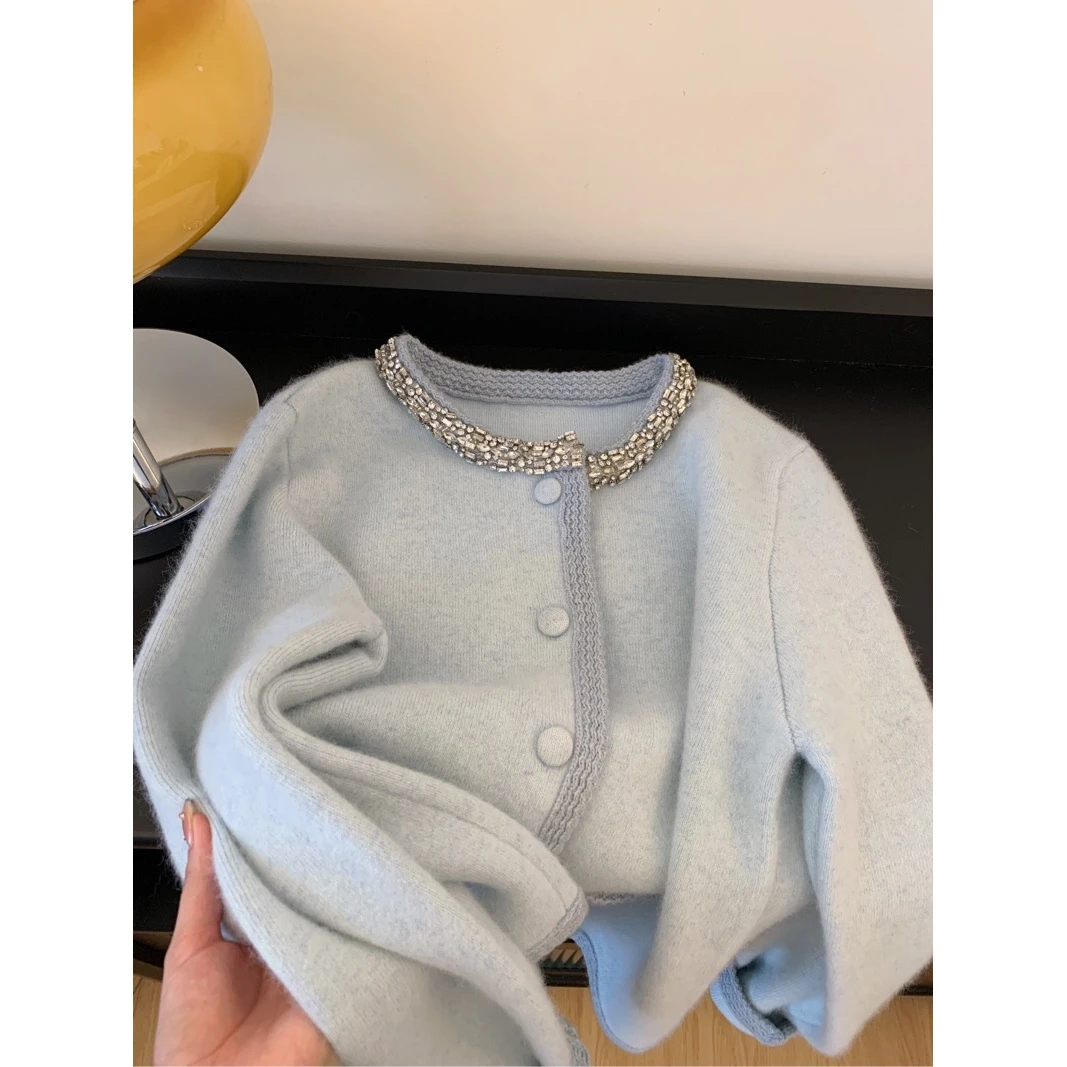 奶蓝色重工钉珠毛衣开衫女秋冬2024新款韩版宽松软糯糯针织衫上衣