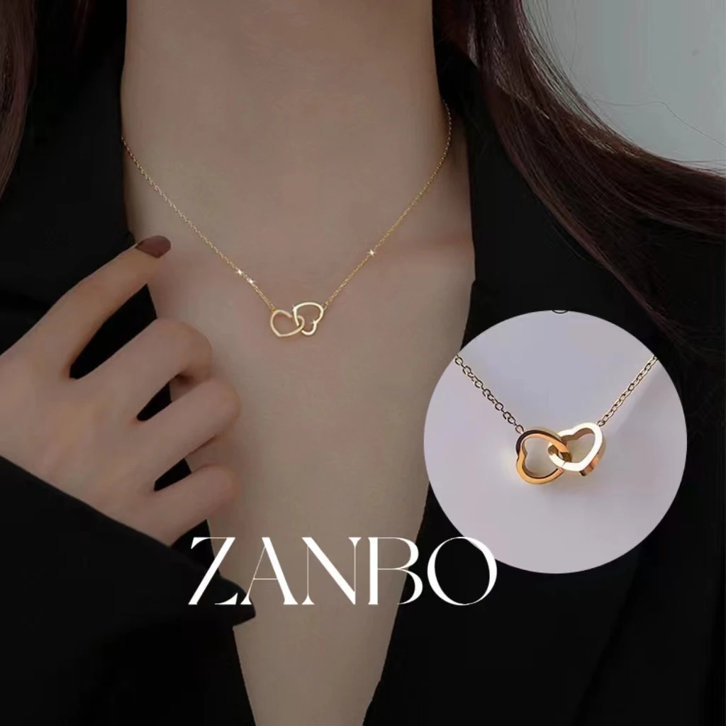 ZANBO/赞铂 钛钢项链 韩国新款时尚百搭气质简约双心设计锁骨项链