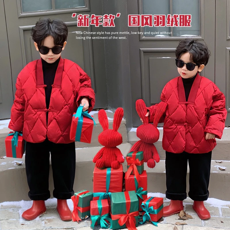 秋千坠童装男童拜年服新款冬季宝宝中国风羽绒服儿童红色唐装外套