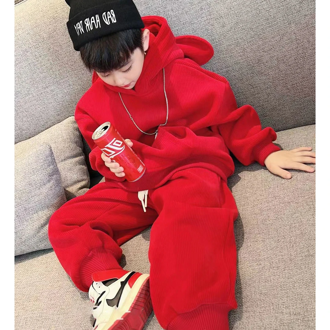 秋千坠男童红色套装拜年服新款冬装中大儿童灯芯绒加绒加厚两件套