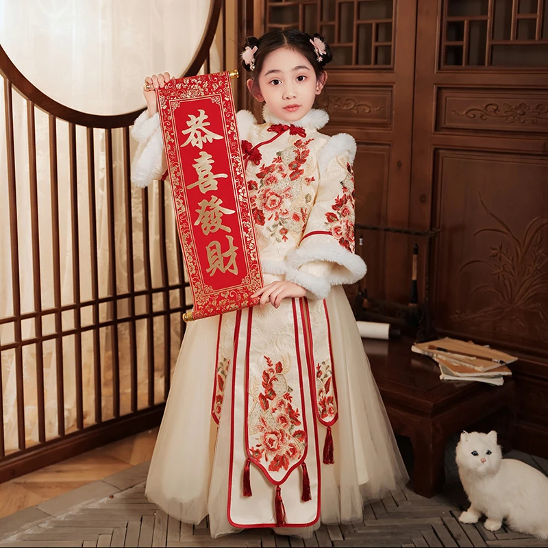 秋千坠汉服冬季女童古风唐装加厚儿童中国风拜年服女孩过年服冬款