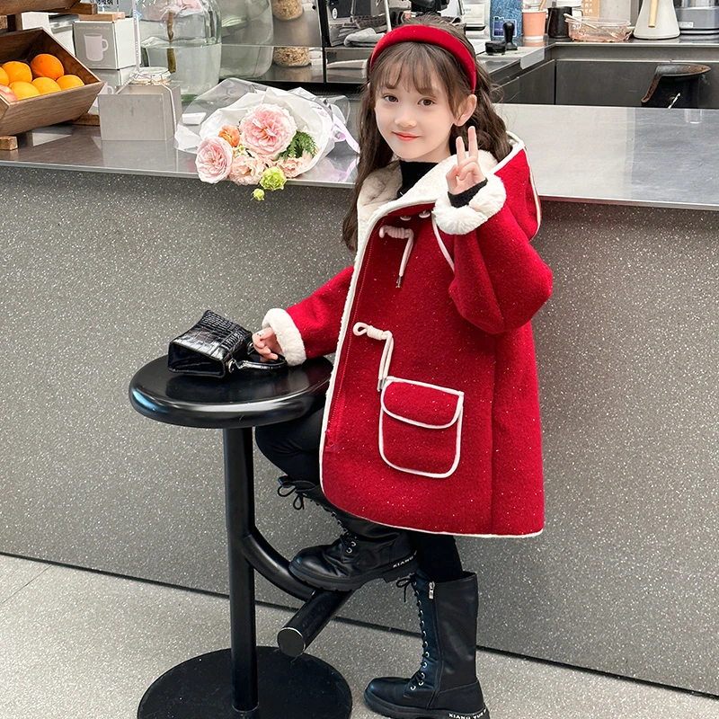 秋千坠女童拜年服冬季2024龙年中大童衣服红色加厚外套毛呢子大衣