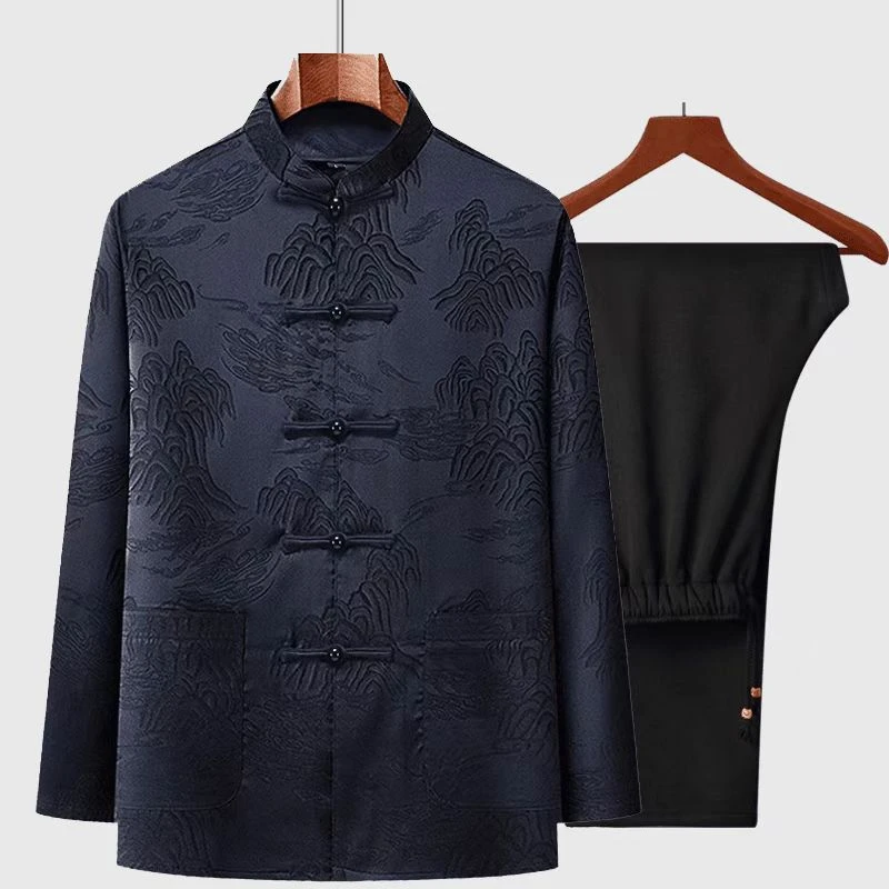 唐装男中老年爸爸装春秋长袖套装中国风秋装外套老人过寿爷爷衣服