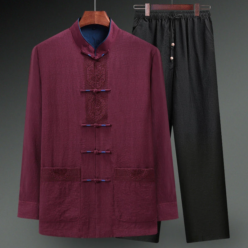 高档刺绣中国风棉麻唐装男士长袖套装中老年人长袖衬衫中式爷爷装