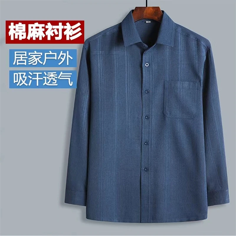 爸爸装棉麻夏季长袖薄款衬衫中老年男士爷爷透气吸汗休闲大码衬衣