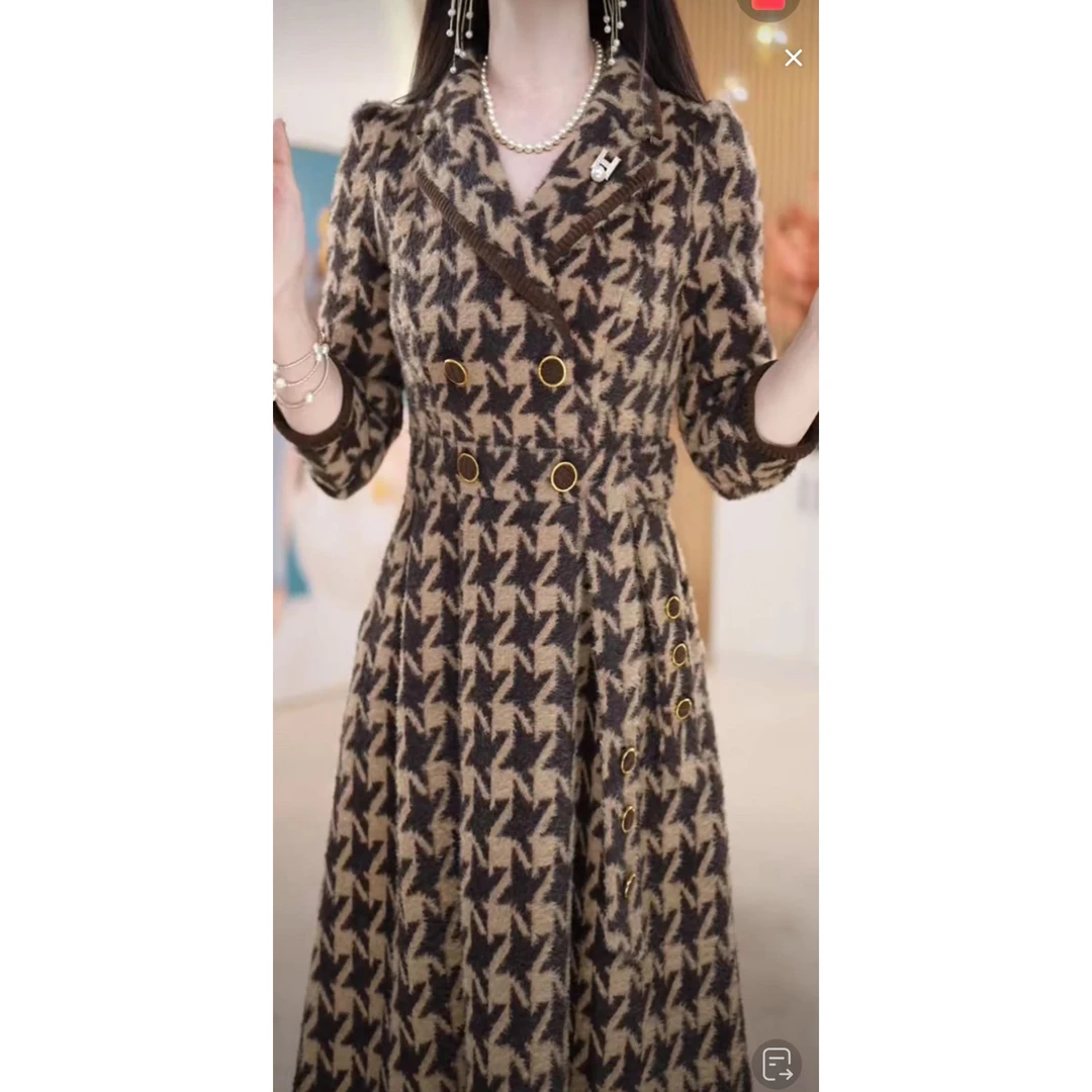 加绒加厚高定款西装领韩版复古花色显瘦中长款连衣裙M-4XL