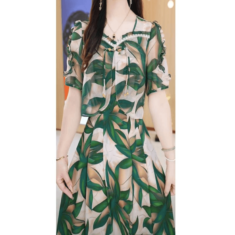 美瑞【连衣裙】木耳边方领显瘦花朵女装连衣裙M-5XL