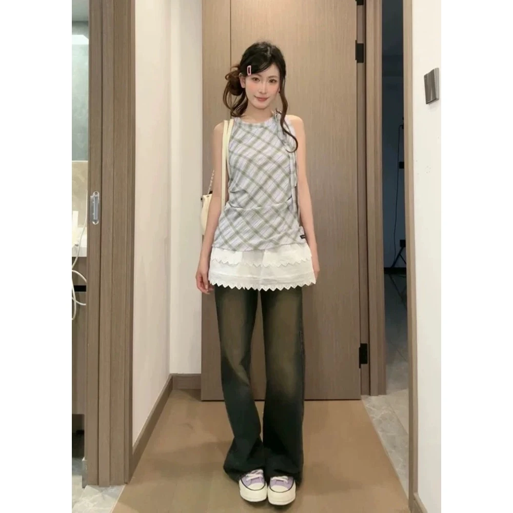 甜美蕾丝拼接挂脖无袖连衣裙格子上衣女装夏季新款甜辣高级感复古