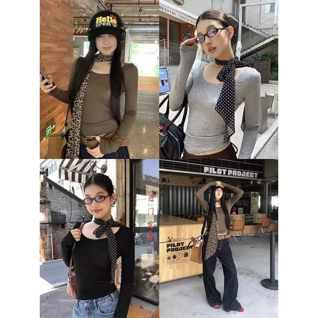 高智淡人穿搭t恤秋季纯欲性感U领露锁骨正肩修身打底长袖洋气女装