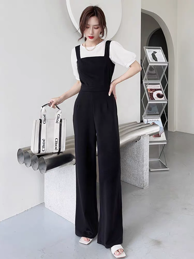 背带裤法式套装显瘦气质黑色减龄洋气高贵韩版宽松夏季休闲长裤