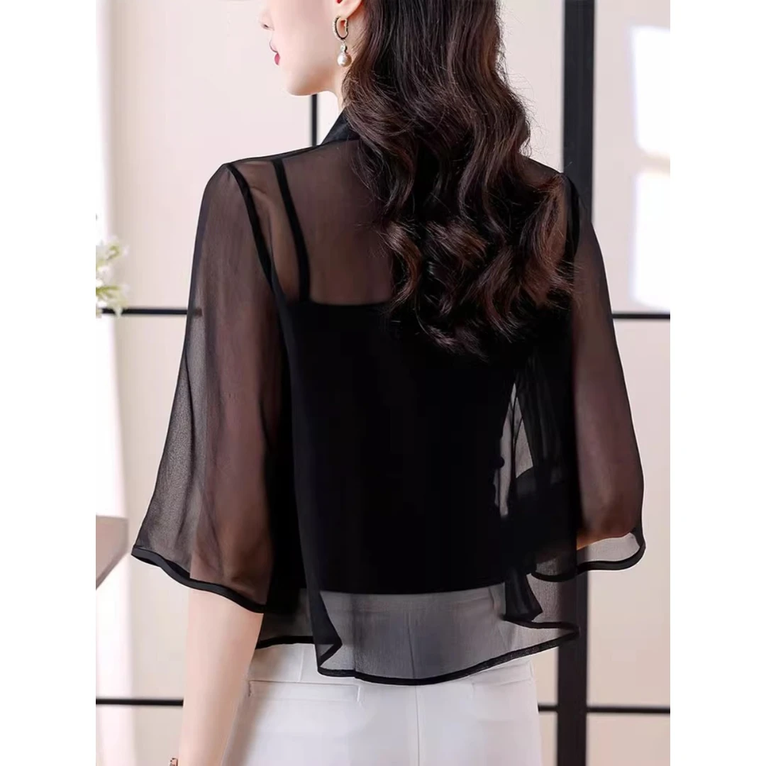 中袖小披肩夏装配裙子小坎肩外搭雪纺罩衫夏天黑色薄开衫冰丝上衣