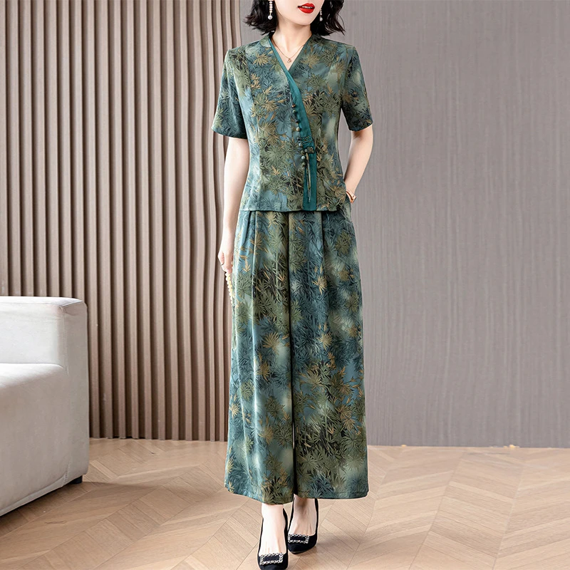 复古气质妈妈套装女夏季新款宽松显瘦V领短袖上衣阔腿裤两件套