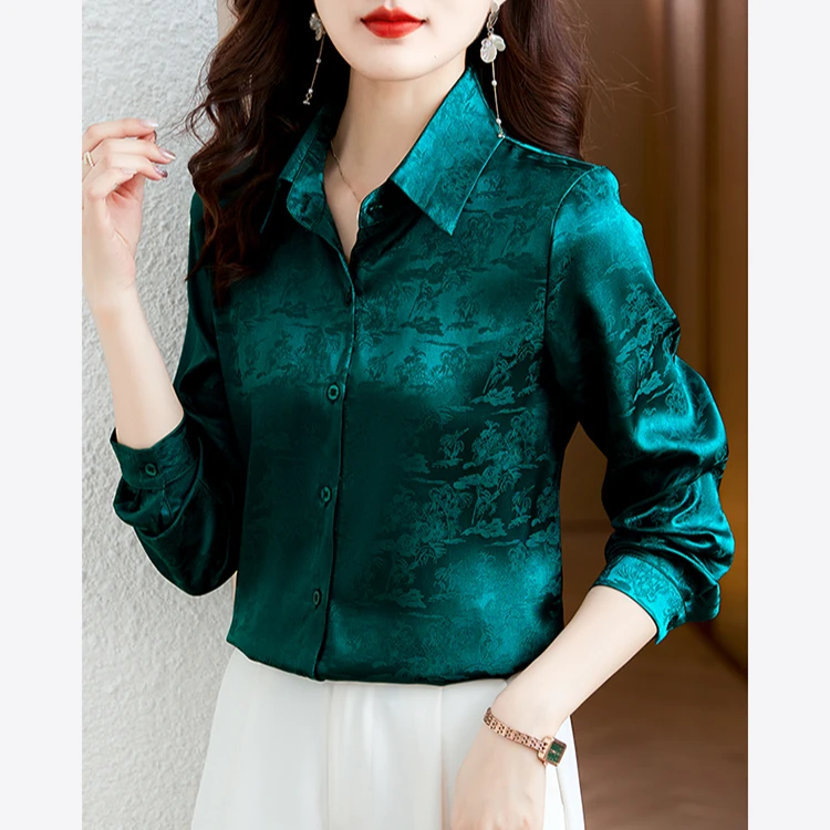 绿色大码提花衬衫女长袖秋季新款缎面衬衣时尚洋气高端气质上衣