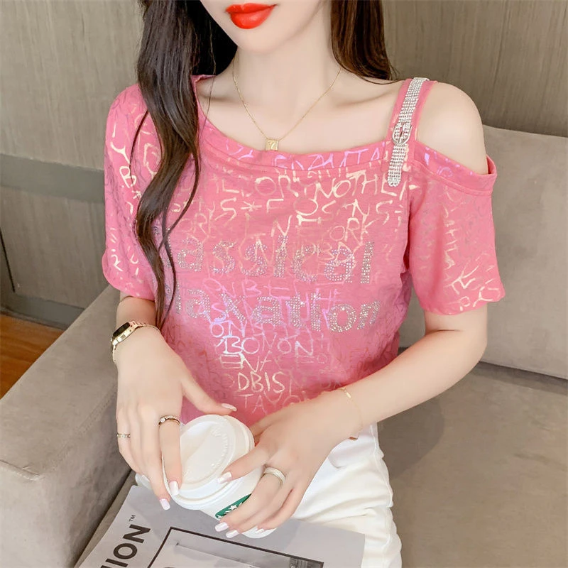 露肩短袖t恤女装夏季2024年新款高级感欧货小衫爆款独特小众上衣