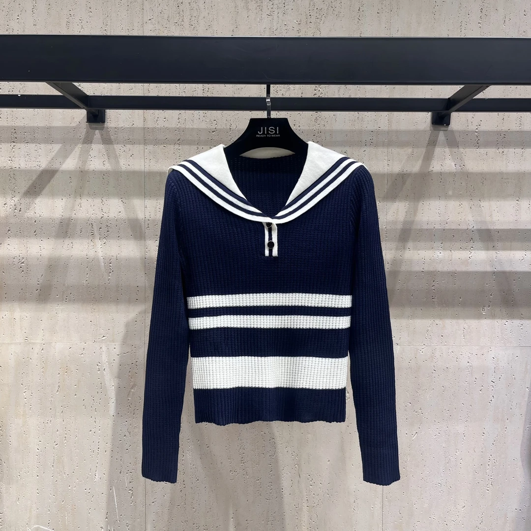 JISI 海军领条纹披肩针织长袖-MZ24457