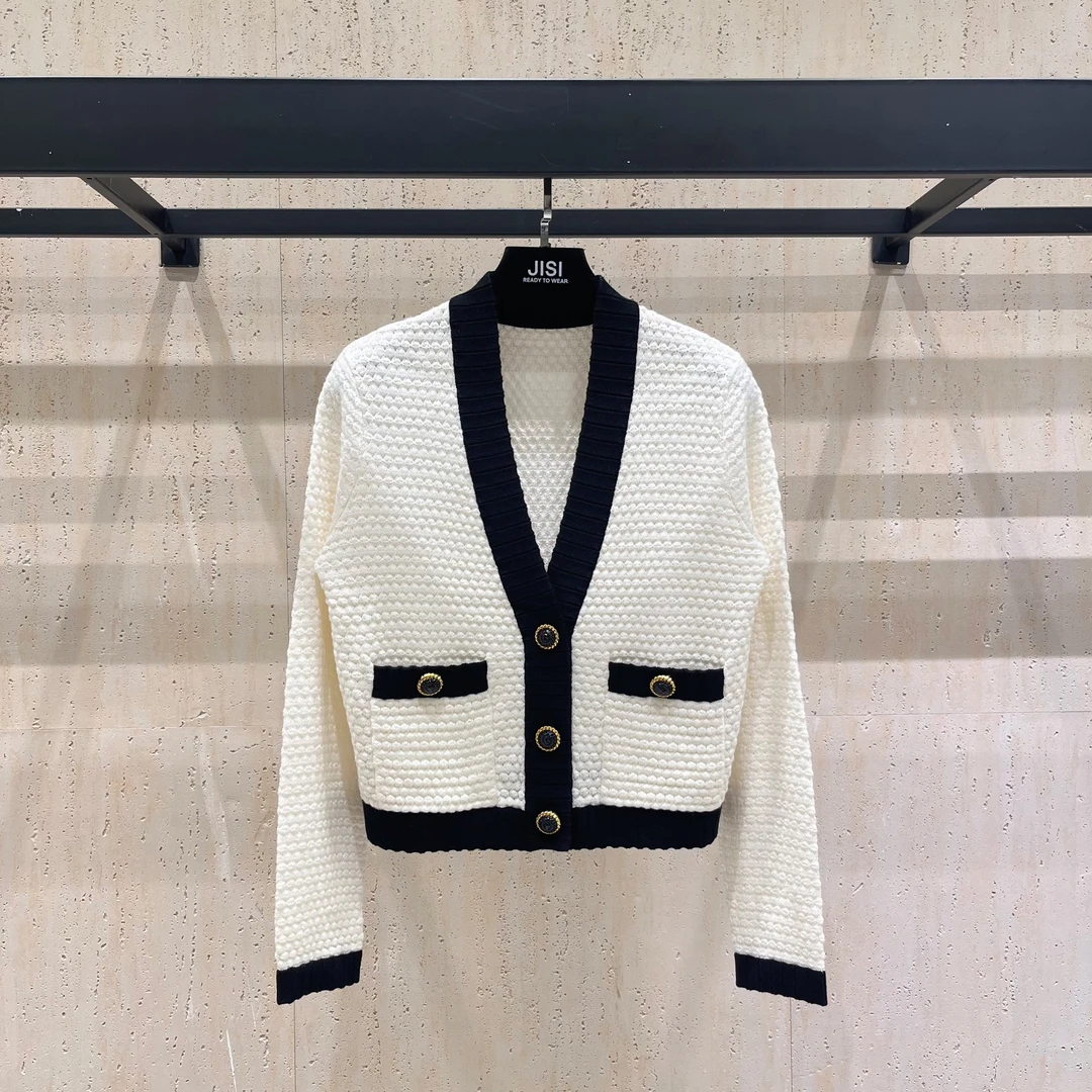 JISI 黑白撞色V领针织薄外套-MZ24436