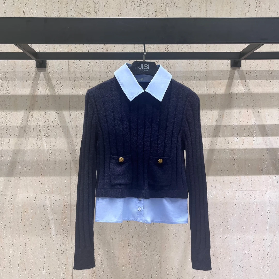 JISI 拼接衬衫领口针织上衣-MZ24400