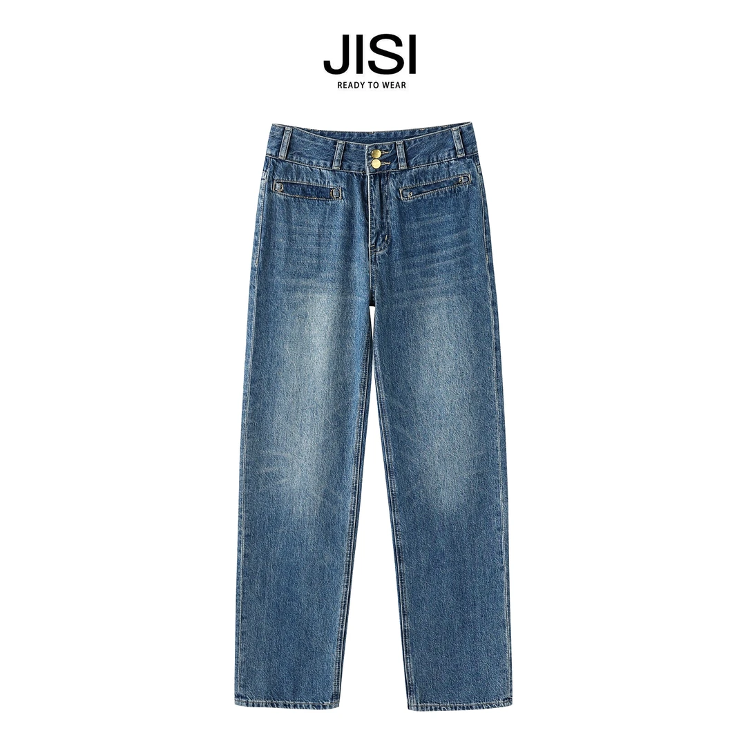 JISI 金色链条重工直筒牛仔裤-KZ23001