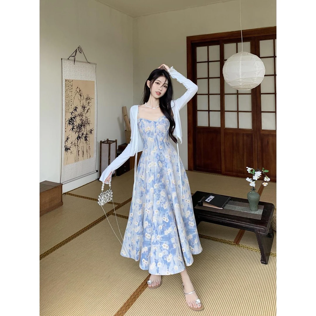 【油画少女】大码女装法式蓝色油画碎花气质高级感连衣裙套装