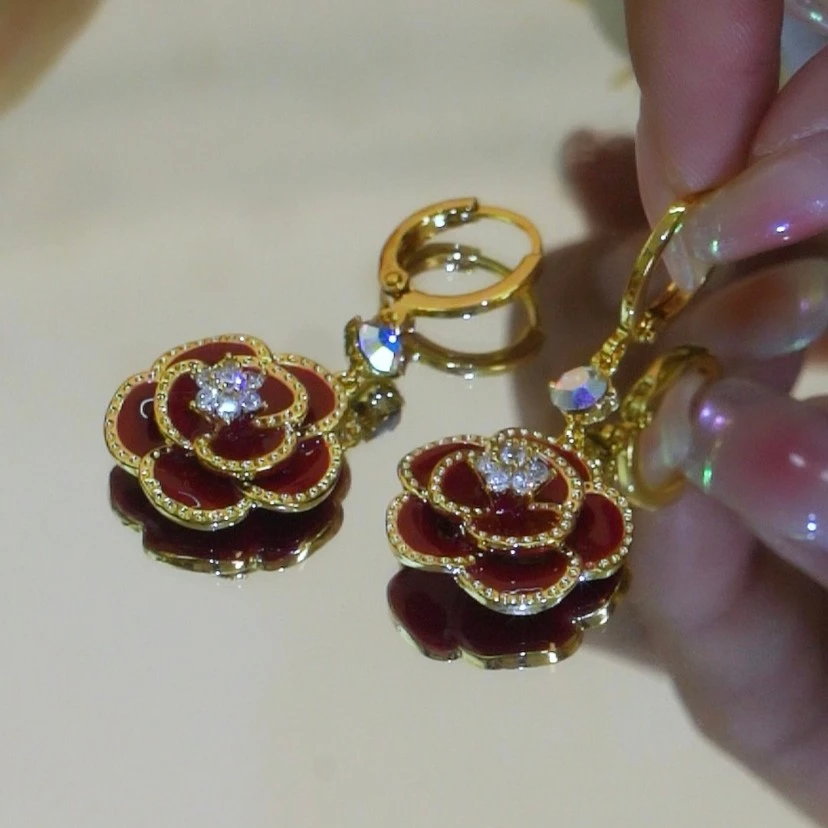 铜合金合成锆石耳饰 【青柠佳子】秋冬款时尚红色山茶花耳环耳饰