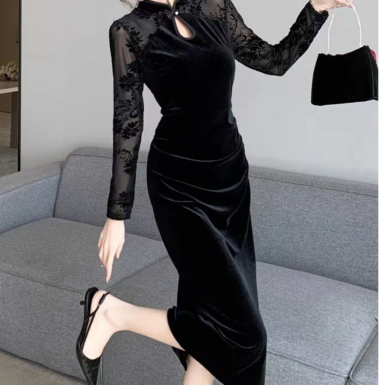 红奈尔【粉丝福利】新中式连衣裙旗袍气质收腰修身轻奢时尚性感长袖