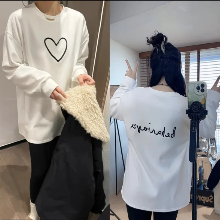 133宽松长袖T恤女秋冬打底圆领卫衣袖刺绣2侧开叉上衣大白T