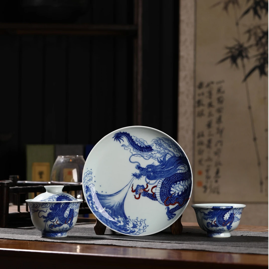 【照夜白】全手绘青花龙纹  景德镇陶瓷盖碗压手杯壶承中式陶瓷茶具