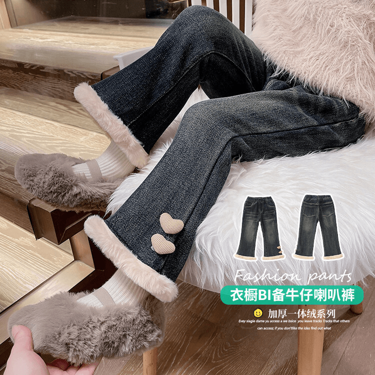 儿童牛仔加绒喇叭裤秋冬款2023新款女童洋气时髦加厚保暖休闲长裤