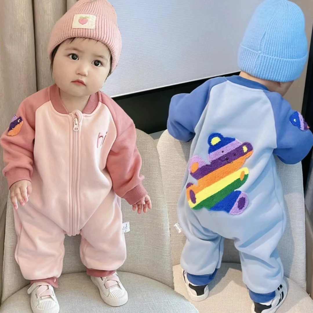 （单层）后背彩色小熊婴儿春秋幼儿洋气连体宝宝爬服