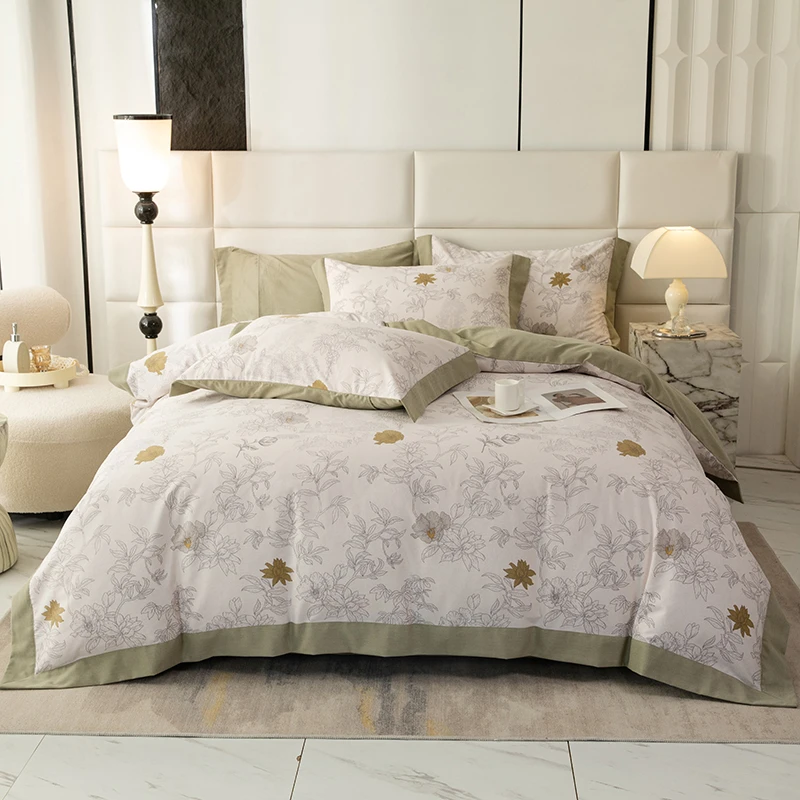 2025新款AB版全棉纯棉四件套双拼宽边柔软亲肤印花床品套件