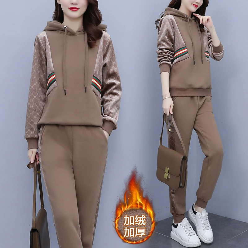 大码套装女2023秋冬新款简约时尚拼色加厚加绒保暖减龄休闲两件套