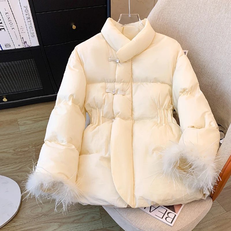 实拍新中式盘扣短款羽绒服冬季新款中国风立领甜美收腰减龄外套