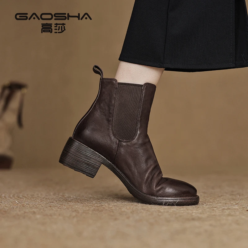 【跟高4.5cm】2024秋季新款百搭气质中跟圆头里外全真皮切尔西靴