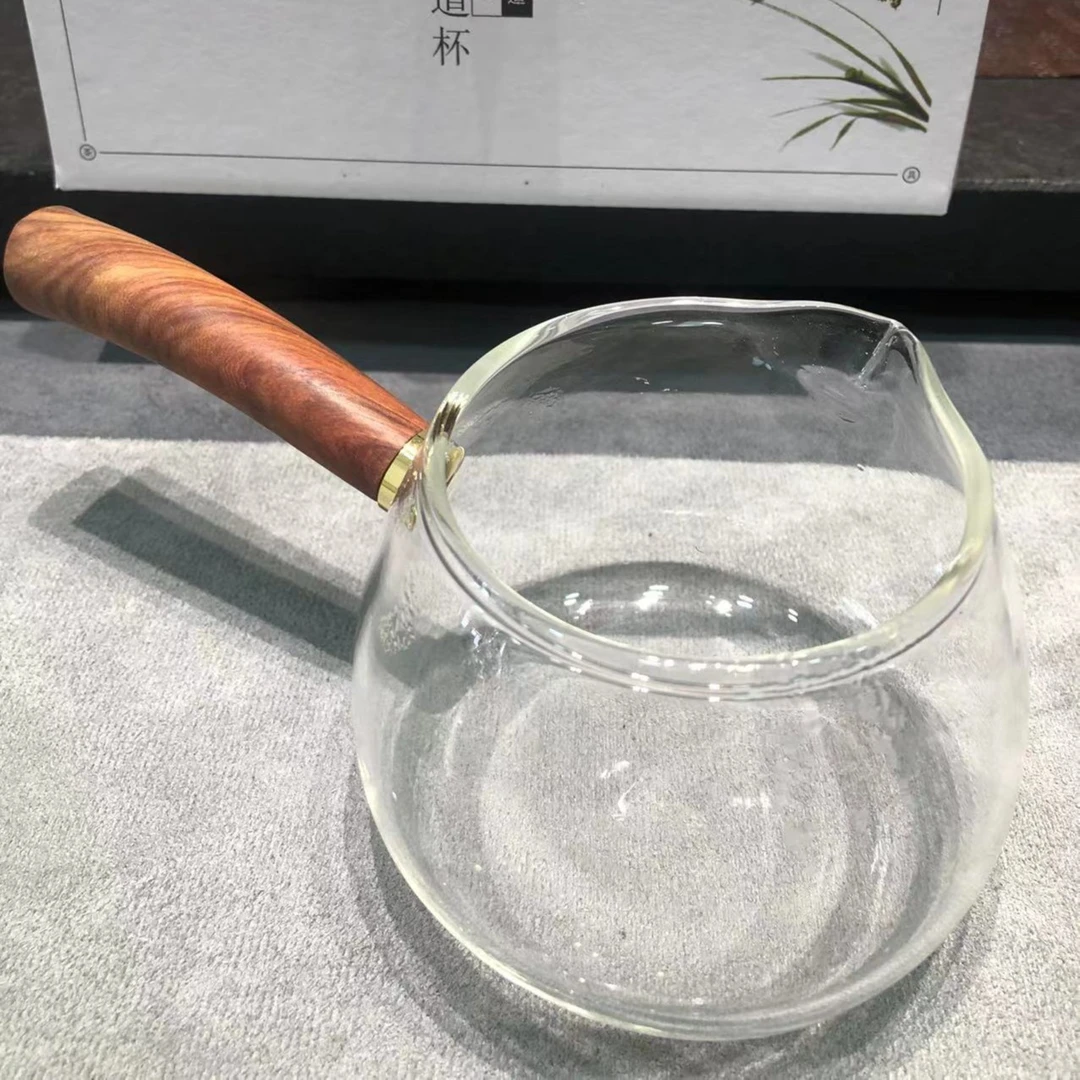 长把耐热玻璃木把公道杯 茶海加厚家用简约功夫茶具手工过滤锤纹