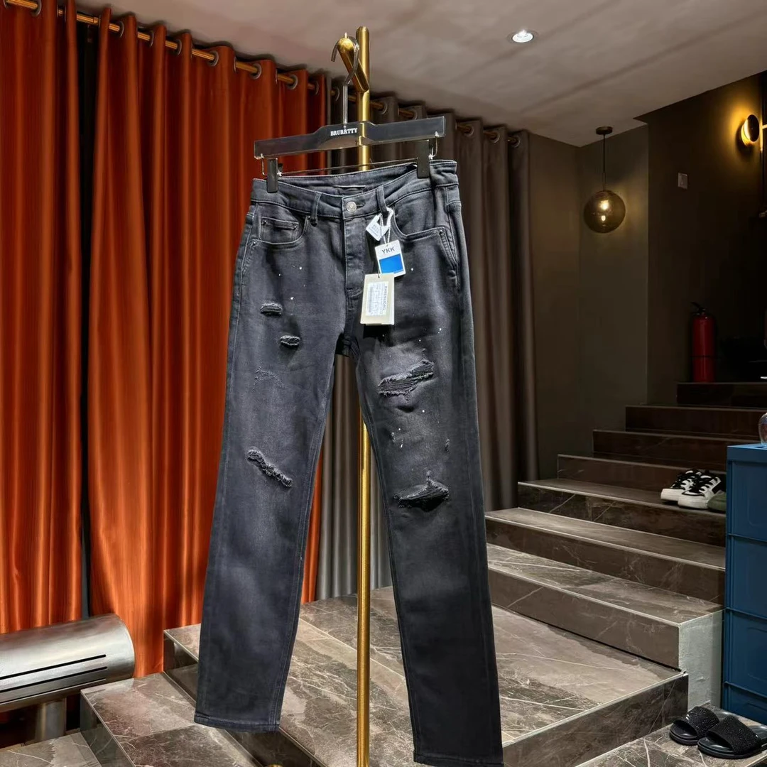 【奢潮定制】秋季 8506 黑色甩漆破洞百搭潮牌时尚修身男牛仔裤子