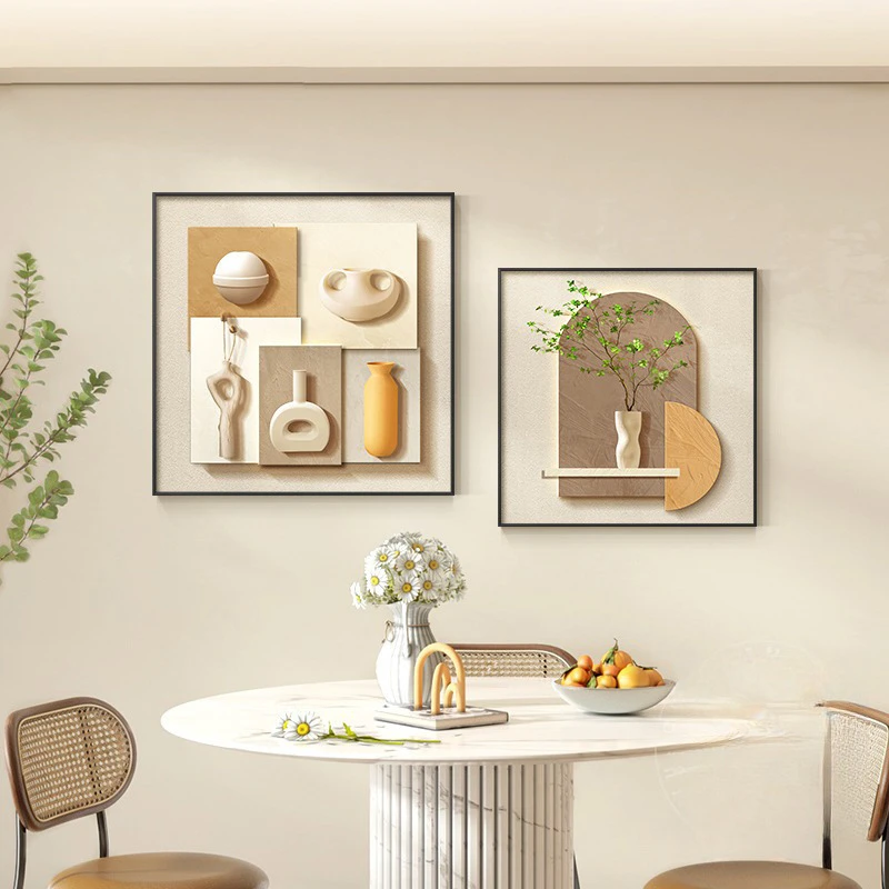 餐厅莫兰迪装饰画创意绿植抽象奶油风客厅简约饭厅砂岩手工挂画