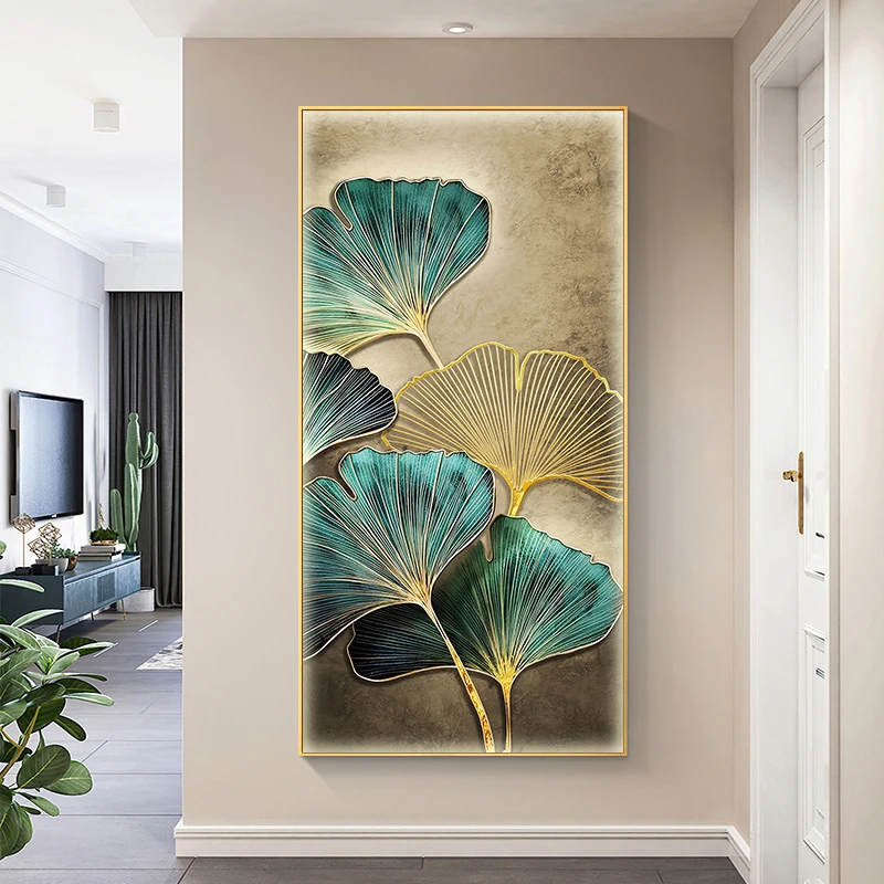 手工砂岩装饰画玄关轻奢现代简约银杏叶壁画高档客厅挂画80160