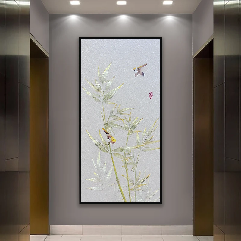 【节节高升】中式花鸟竹子玄关装饰画禅意寓意手工砂岩画肌理专业