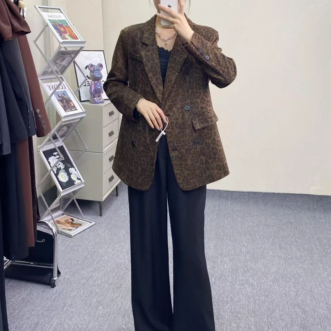 秋冬新款欧美风时尚麂皮绒豹纹西装外套6688