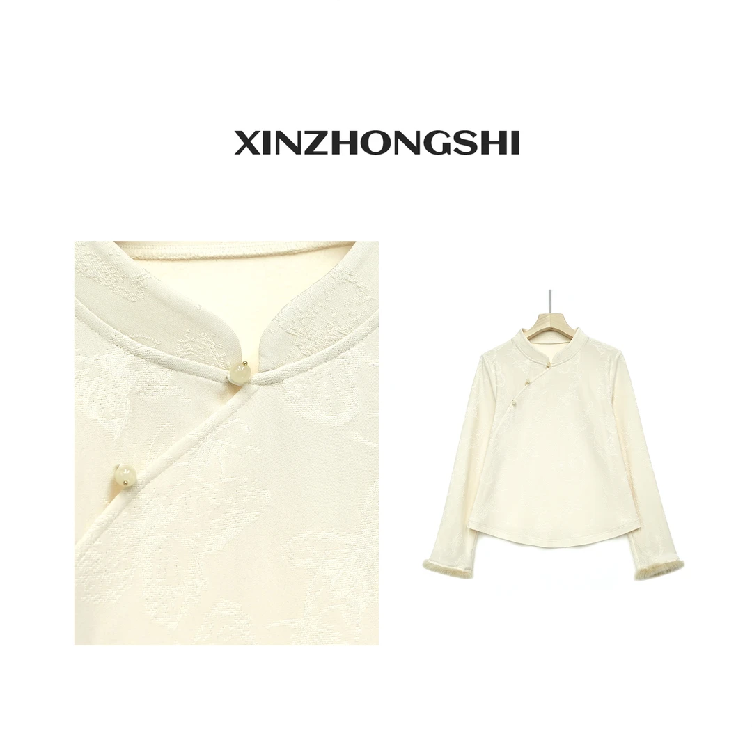 CJ新中式2024秋冬上新款水貂毛内搭米白色提花上衣FB24112002