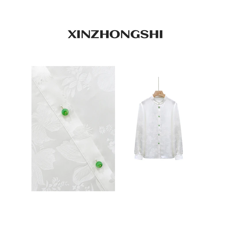 CJQ【玲珑】2024万能百搭上衣春上新立领浮雕提花衬衫FB24011506